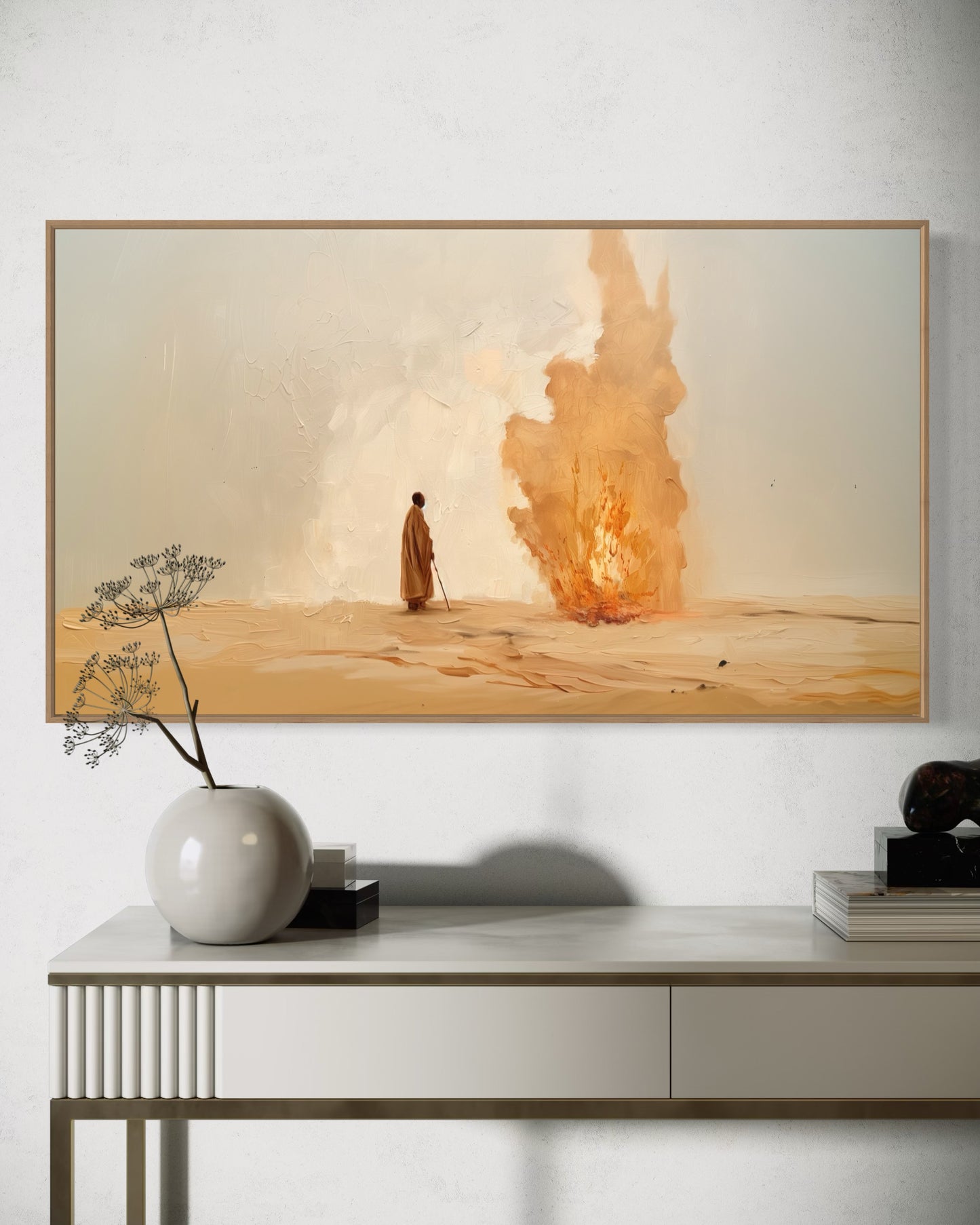 MOSES AND THE BURNING BUSH (Stretched Canvas + Floating Oak Frame)