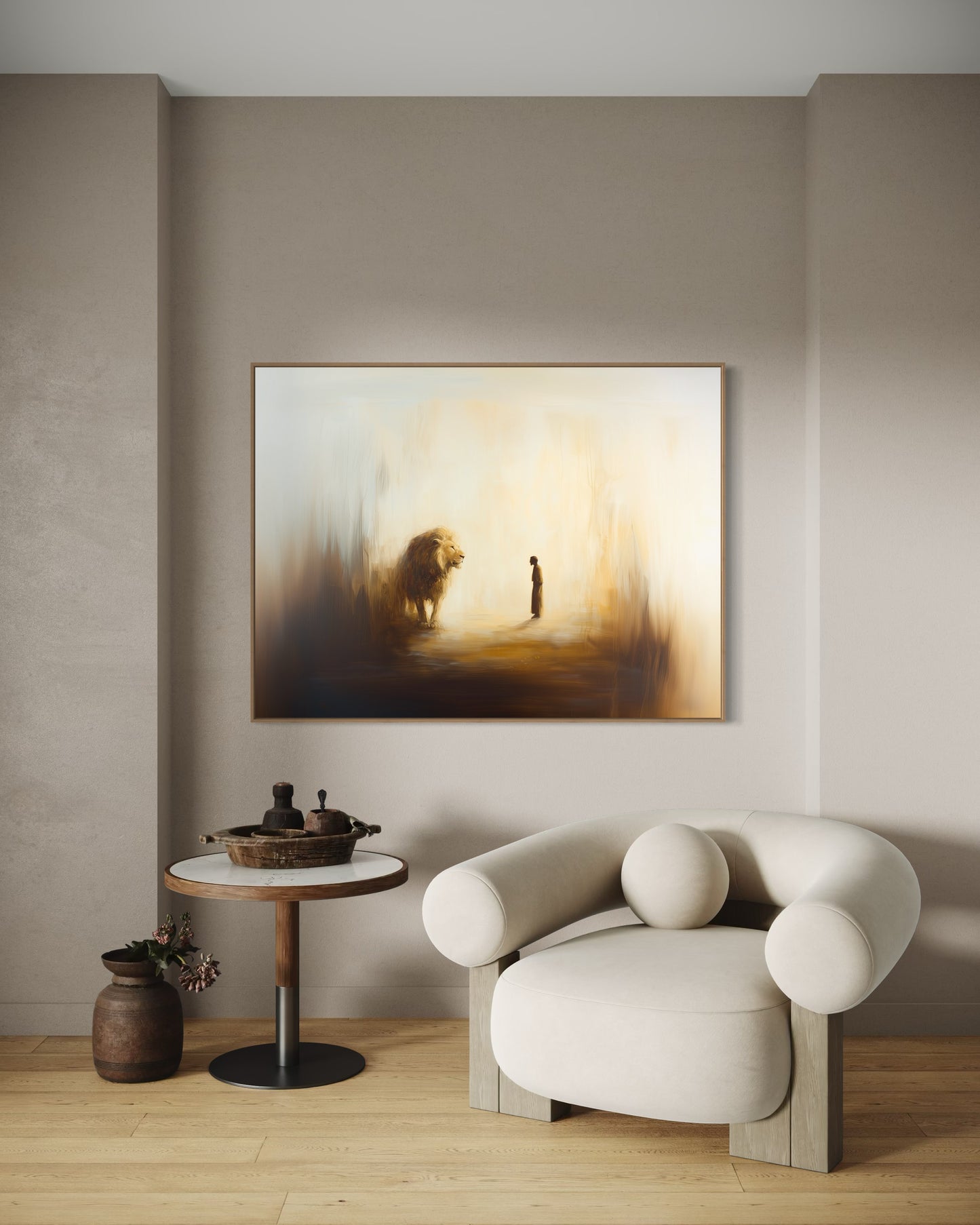 DANIEL AND THE LION (Stretched Canvas Print + Floating Oak Frame)