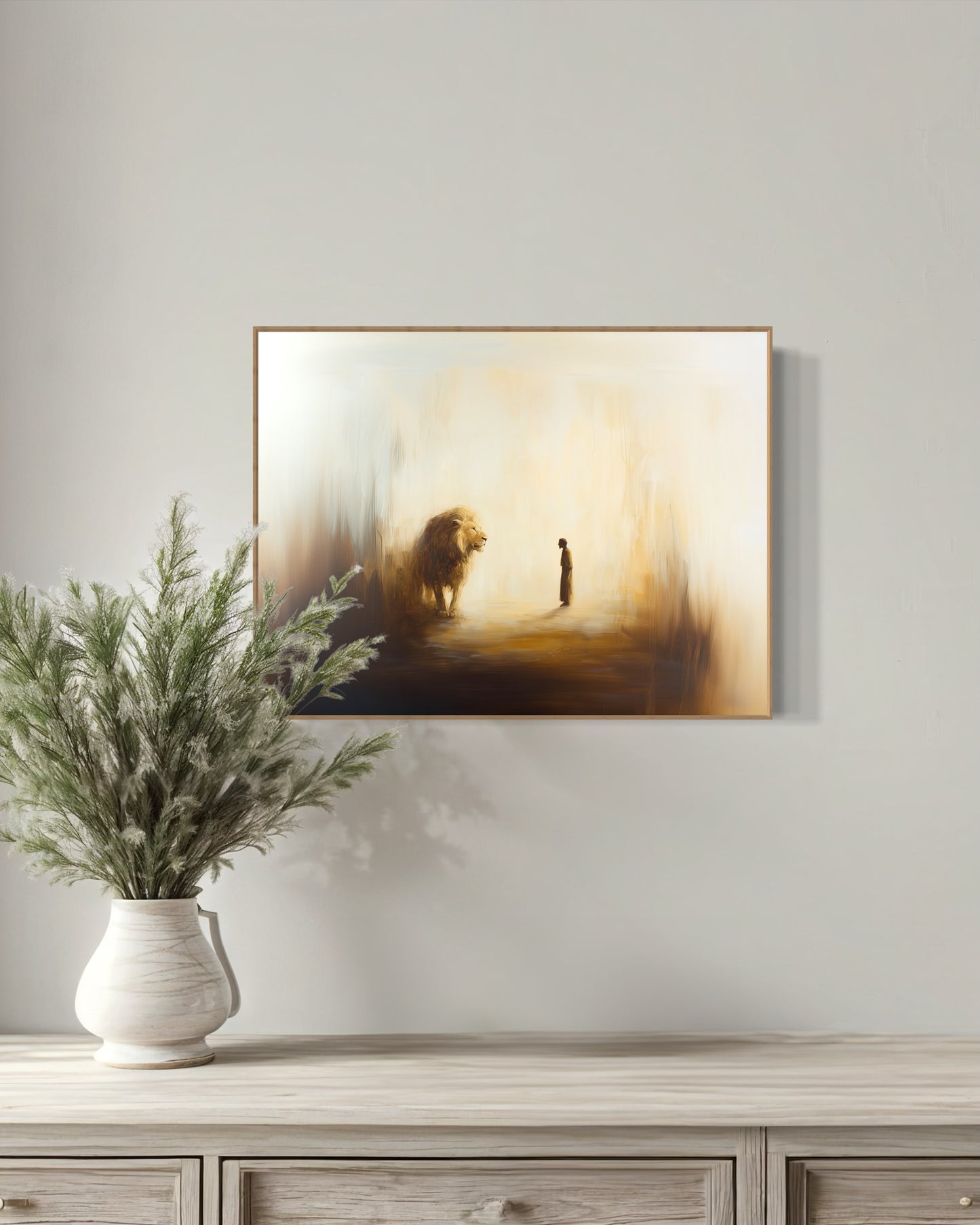 DANIEL AND THE LION (Stretched Canvas Print + Floating Oak Frame)