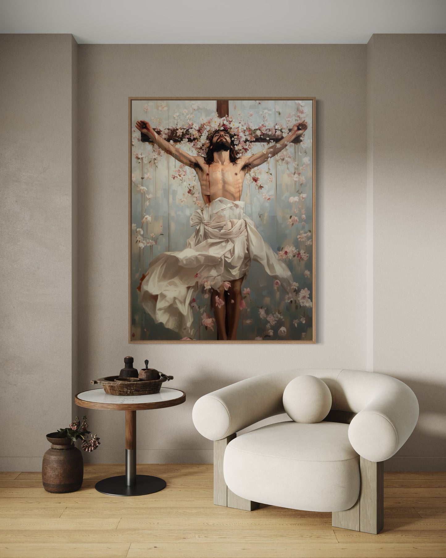 ETERNAL SACRIFICE: THE CRUCIFIXION (Stretched Canvas Print / Floating Oak Frame)